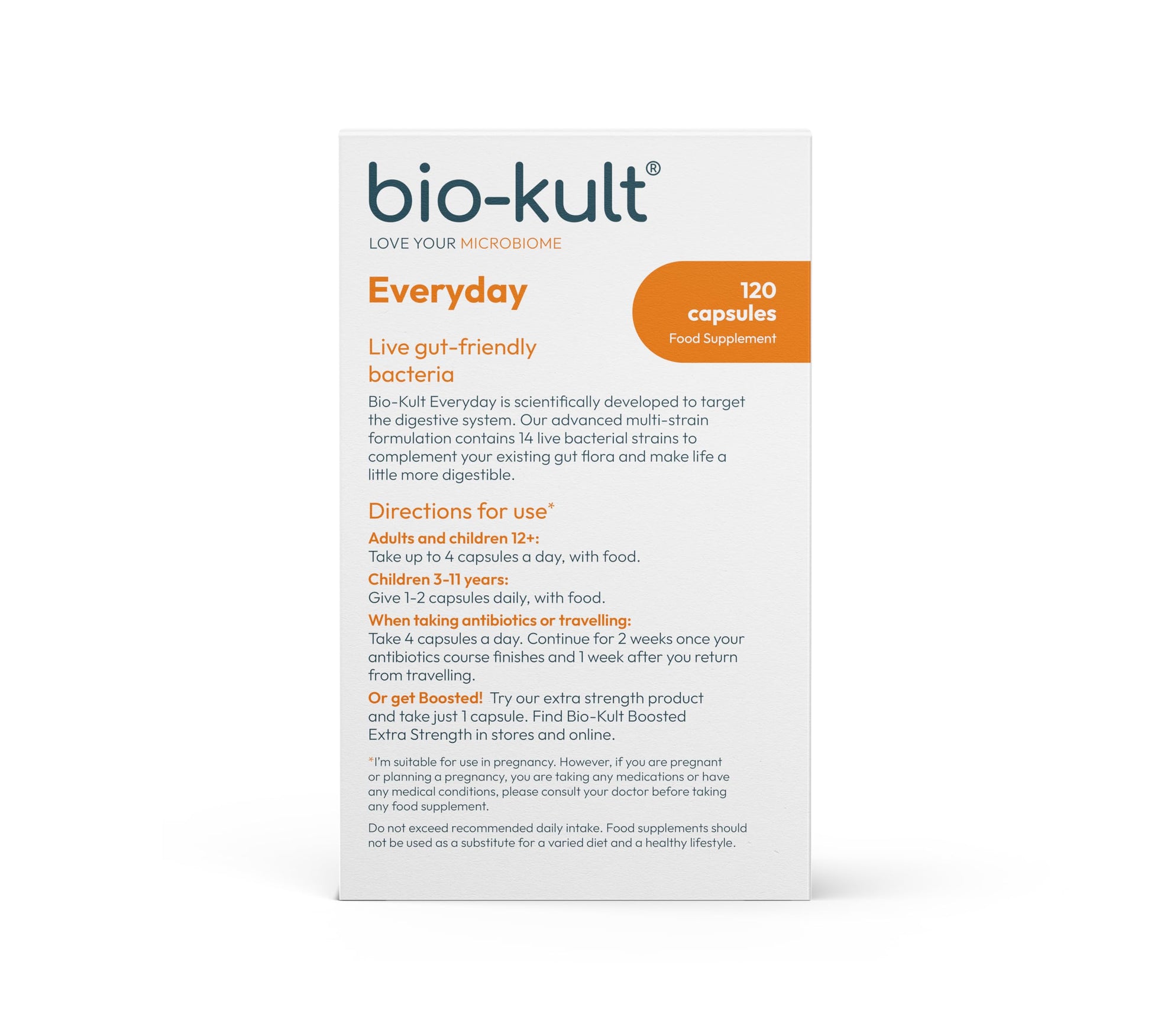 Side view of Bio-Kult digestive system dietary supplement box with product description.