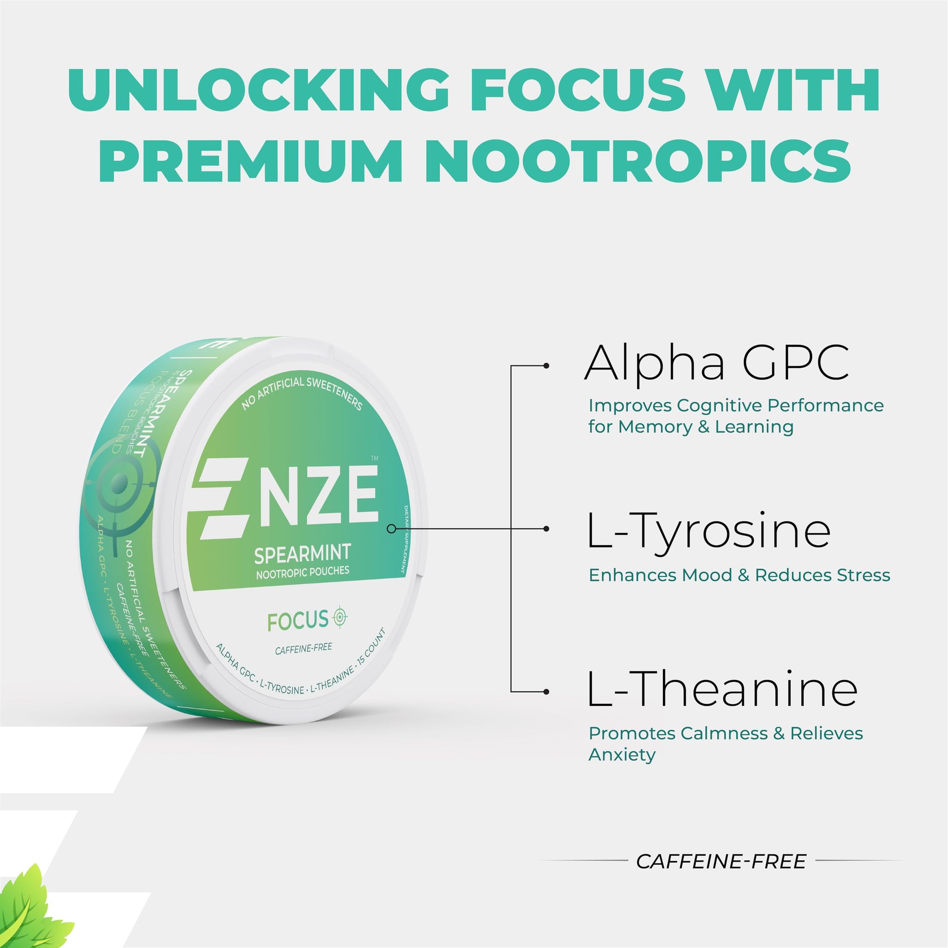 Side profile of Nze caffeine free spearmint pouch can