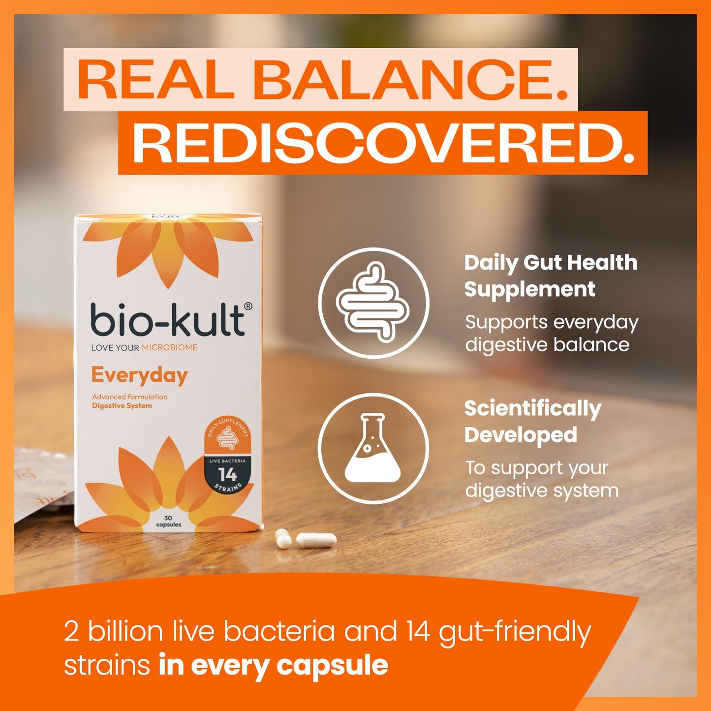 Bio-Kult Everyday 120 capsules nutritional facts and ingredient list close up view.
