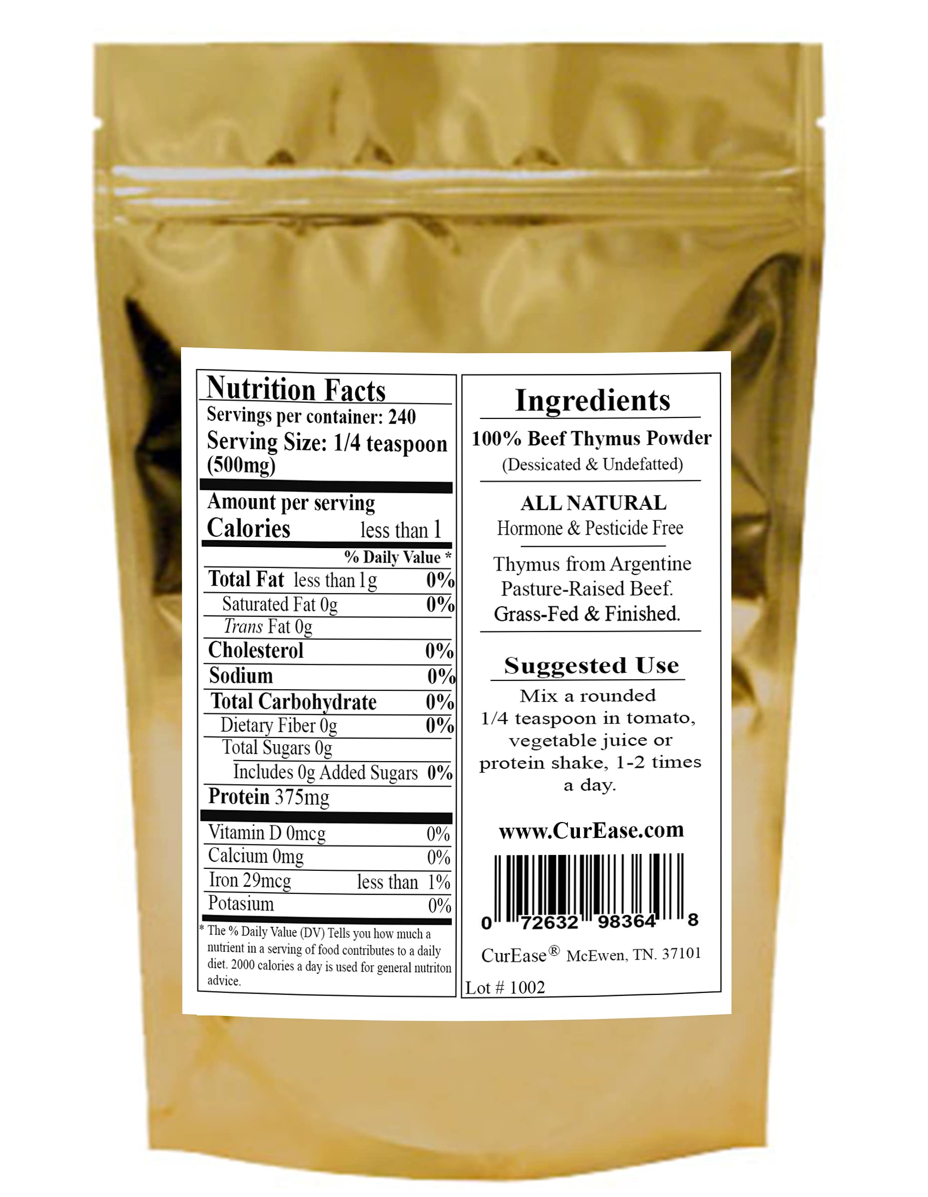 CurEase Argentine Beef Thymus Powder showing grass-fed product details