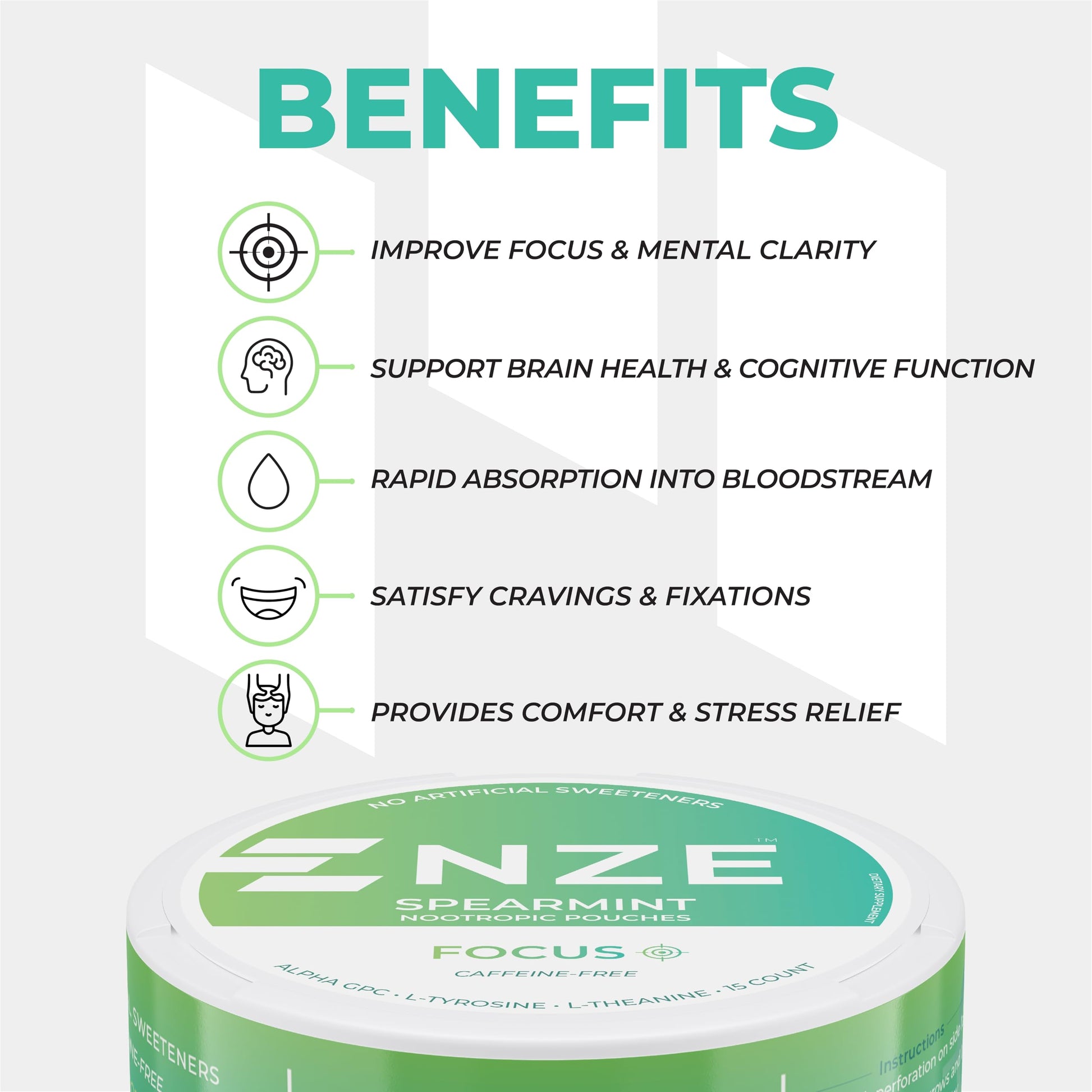 Top view of Nze nootropic supplement pouch packaging