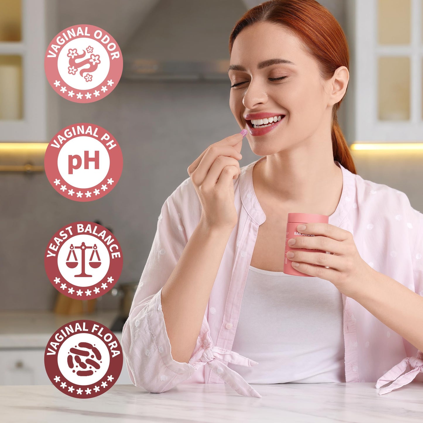 Bakakoul feminine probiotic premium pink bottle packaging for yeast balance