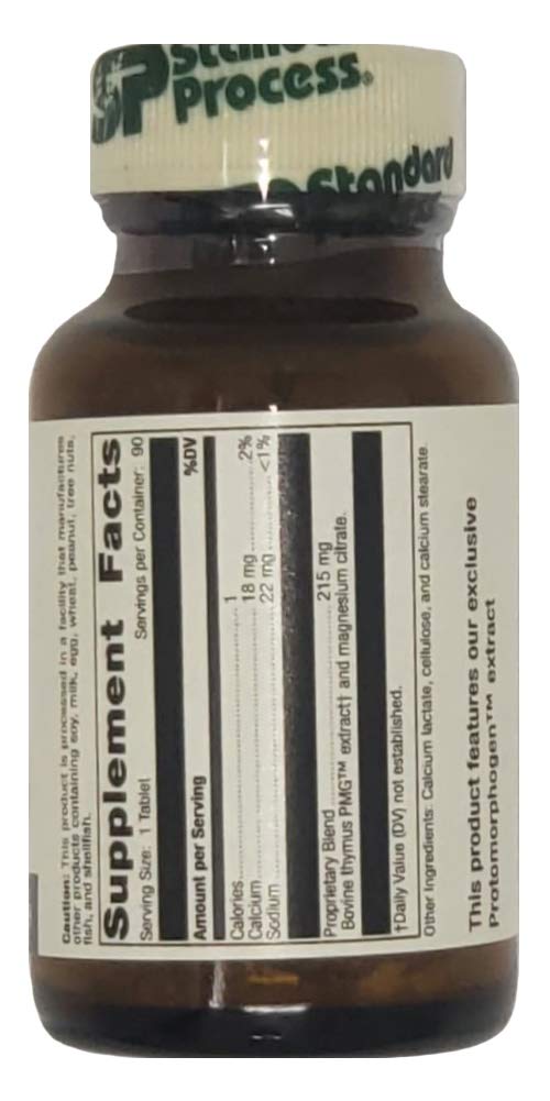Standard Process Thymus PMG dietary supplement label showing nutritional facts and ingredients.