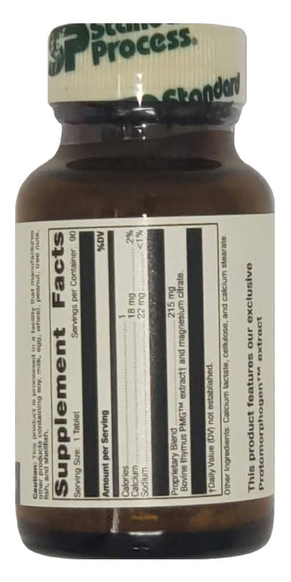Standard Process Thymus PMG dietary supplement label showing nutritional facts and ingredients.