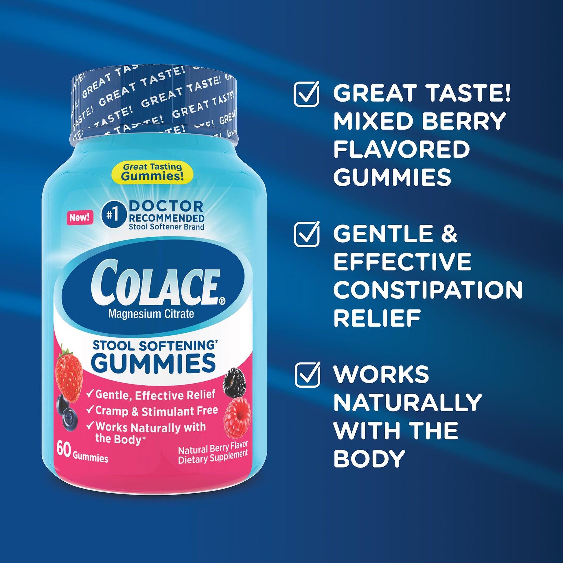 Side view of Colace stool softener gummy bottle ingredients