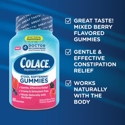 Side view of Colace stool softener gummy bottle ingredients