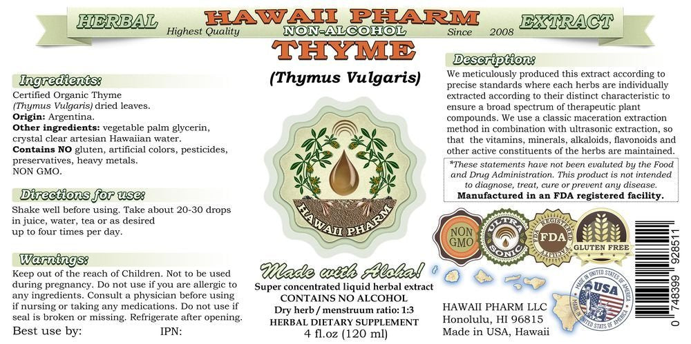 Hawaii Pharm Thyme Leaf Glycerite natural herbal supplement side label showing clean ingredients.