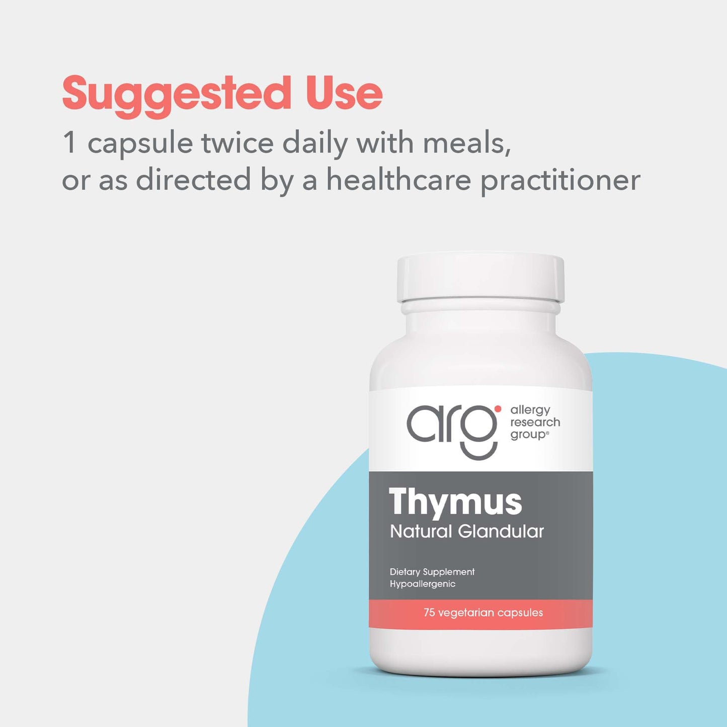 Allergy Research Group Thymus 500 milligrams dietary supplement bottle showing allergen free icons