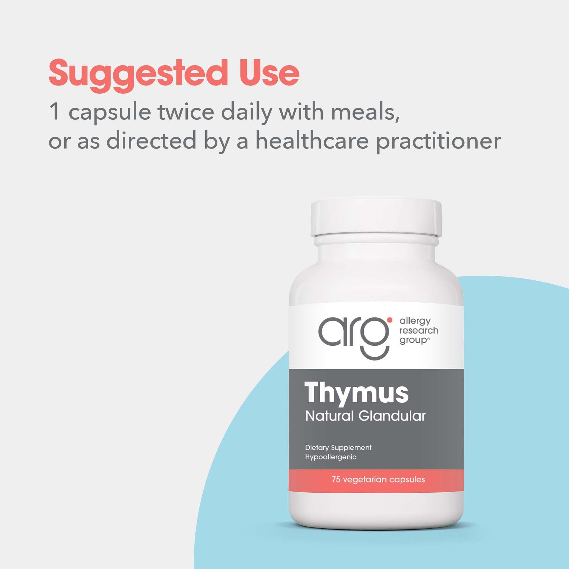 Allergy Research Group Thymus 500 milligrams dietary supplement bottle showing allergen free icons