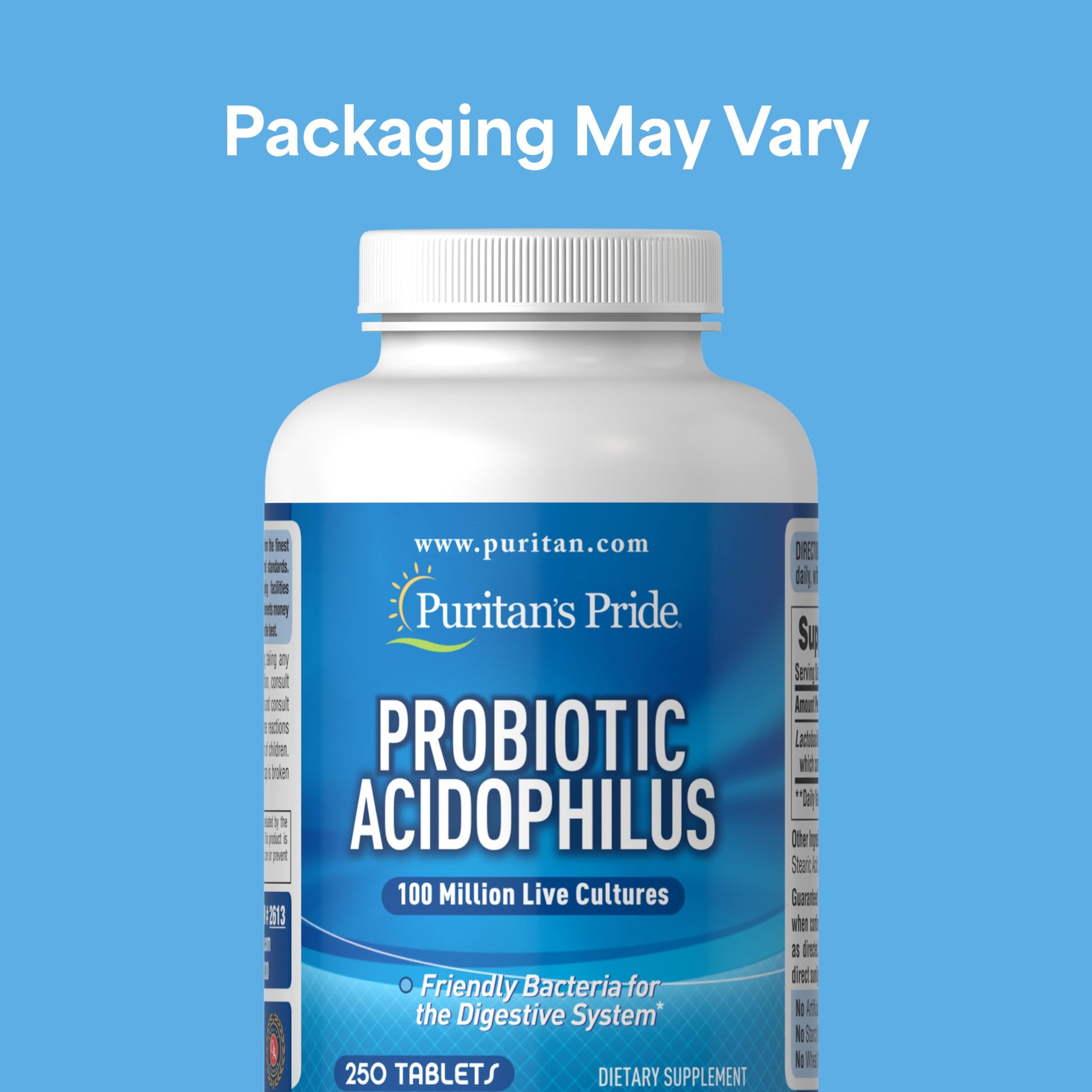 Puritan's Pride 100 Million Cultures probiotic supplement label showing ingredients