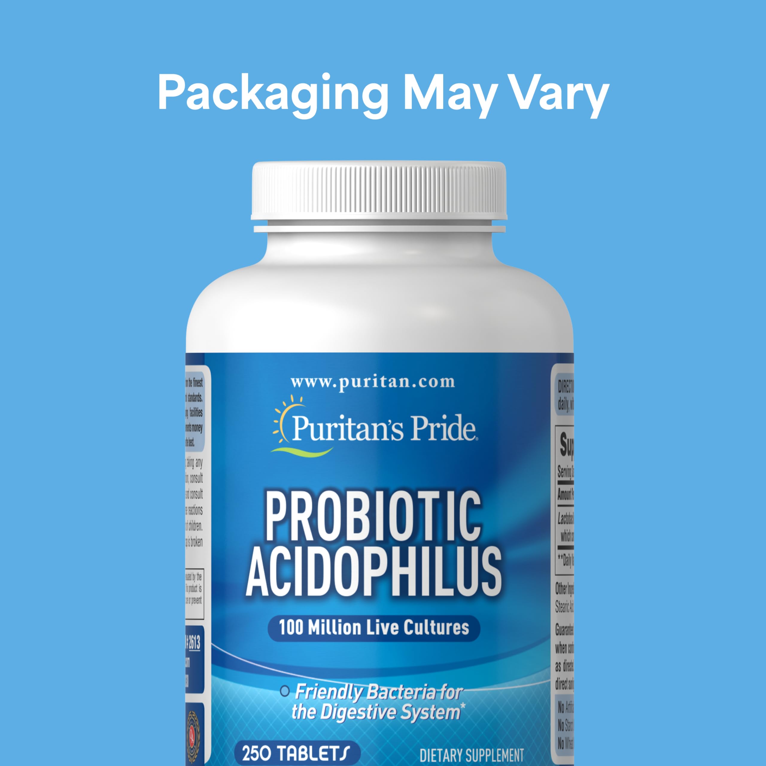Puritan's Pride 100 Million Cultures probiotic supplement label showing ingredients