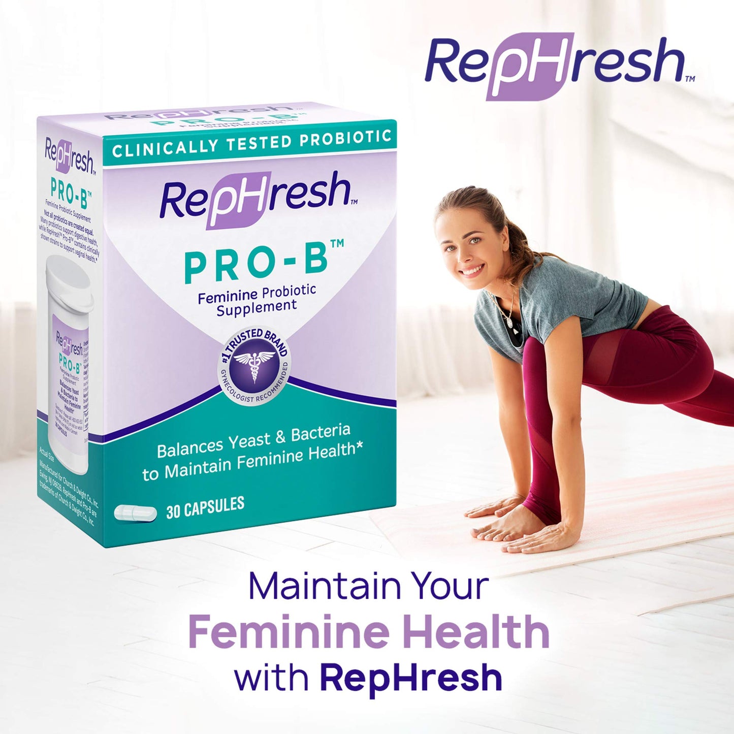 RepHresh Pro B feminine supplement box showing the clinical lactobacillus strains verification