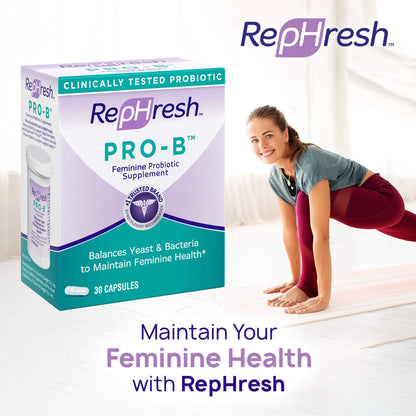 RepHresh Pro B feminine supplement box showing the clinical lactobacillus strains verification