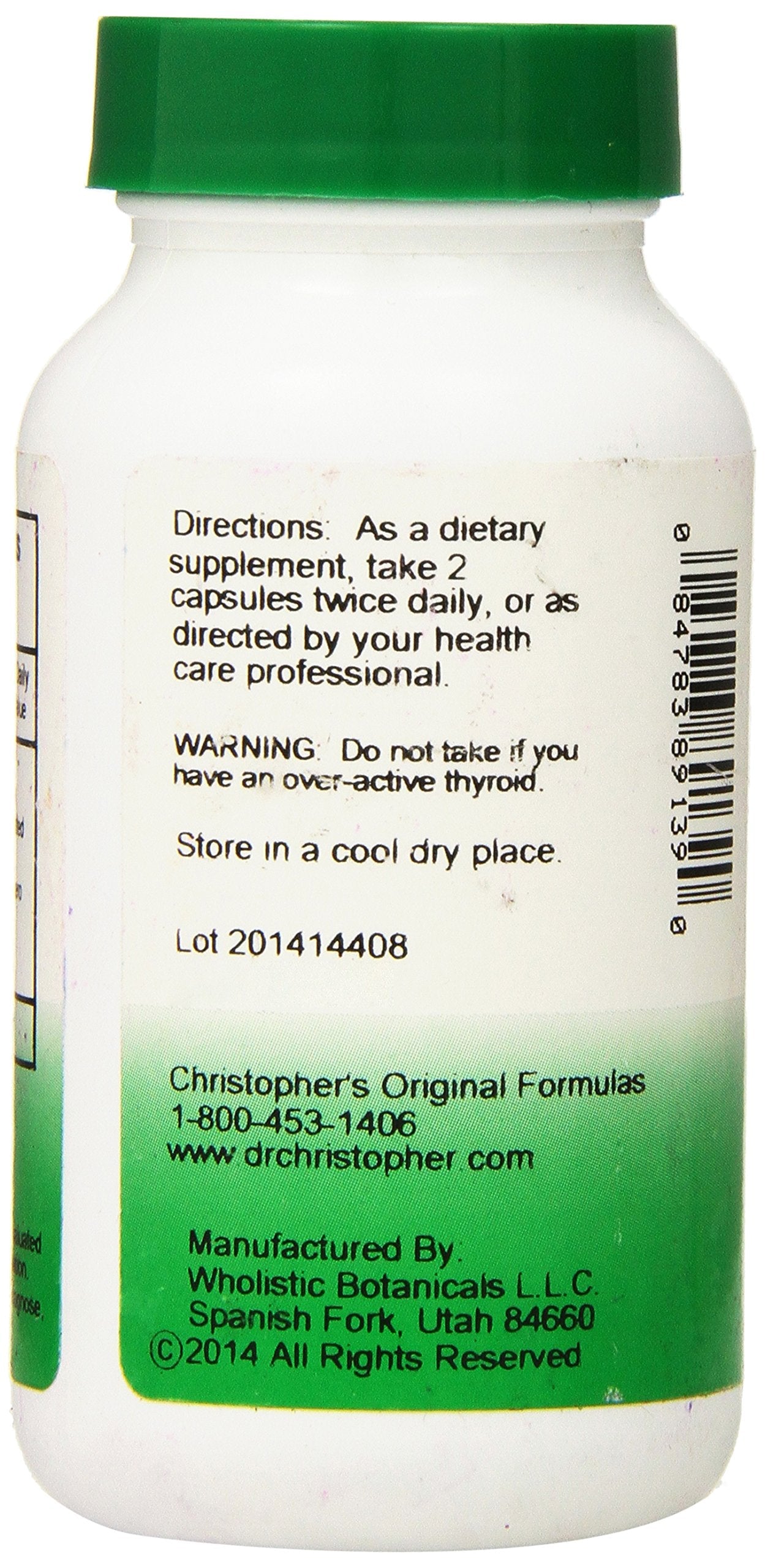 Christopher's Original Formulas Herbal Thyroid 475 milligram supplement facts label and ingredient details.