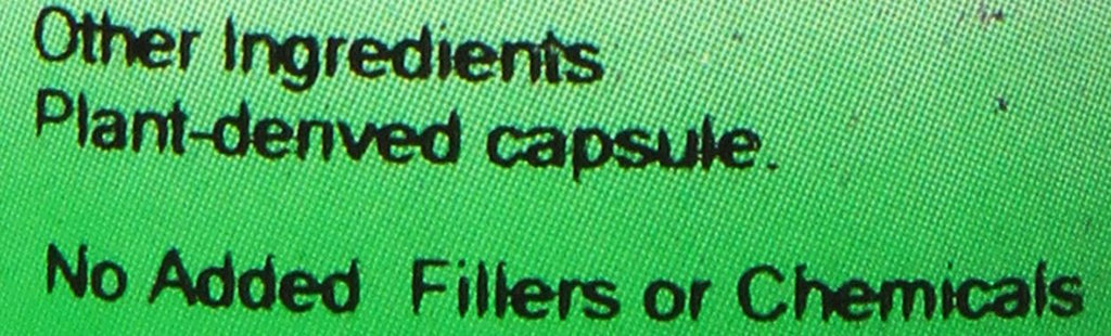 Close up of the vegetarian capsule symbol and usage warnings on Christopher's Herbal Thyroid Support packaging.