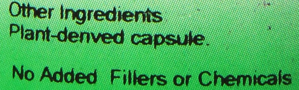 Close up of the vegetarian capsule symbol and usage warnings on Christopher's Herbal Thyroid Support packaging.