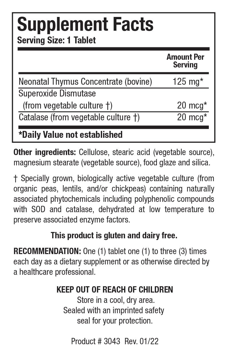 Biotics Research Neonatal Thymus Concentrate supplement facts and ingredient label