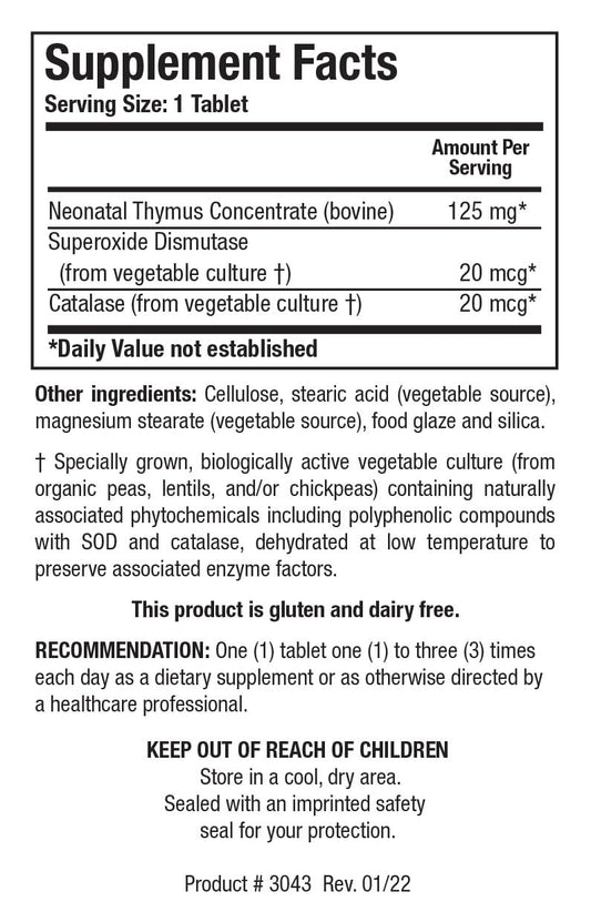 Biotics Research Neonatal Thymus Concentrate supplement facts and ingredient label