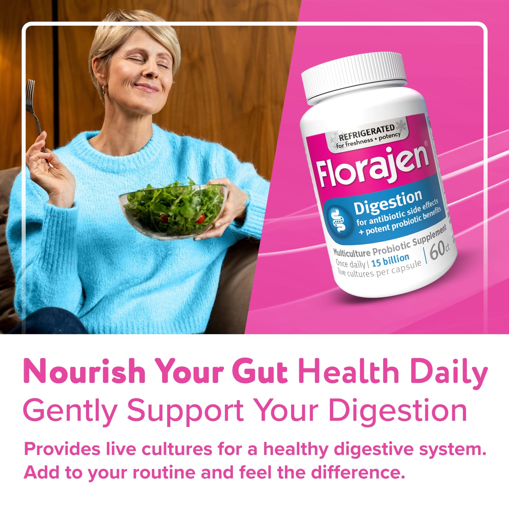 Supplement facts label on Florajen3 Digestion probiotic 60 count packaging.