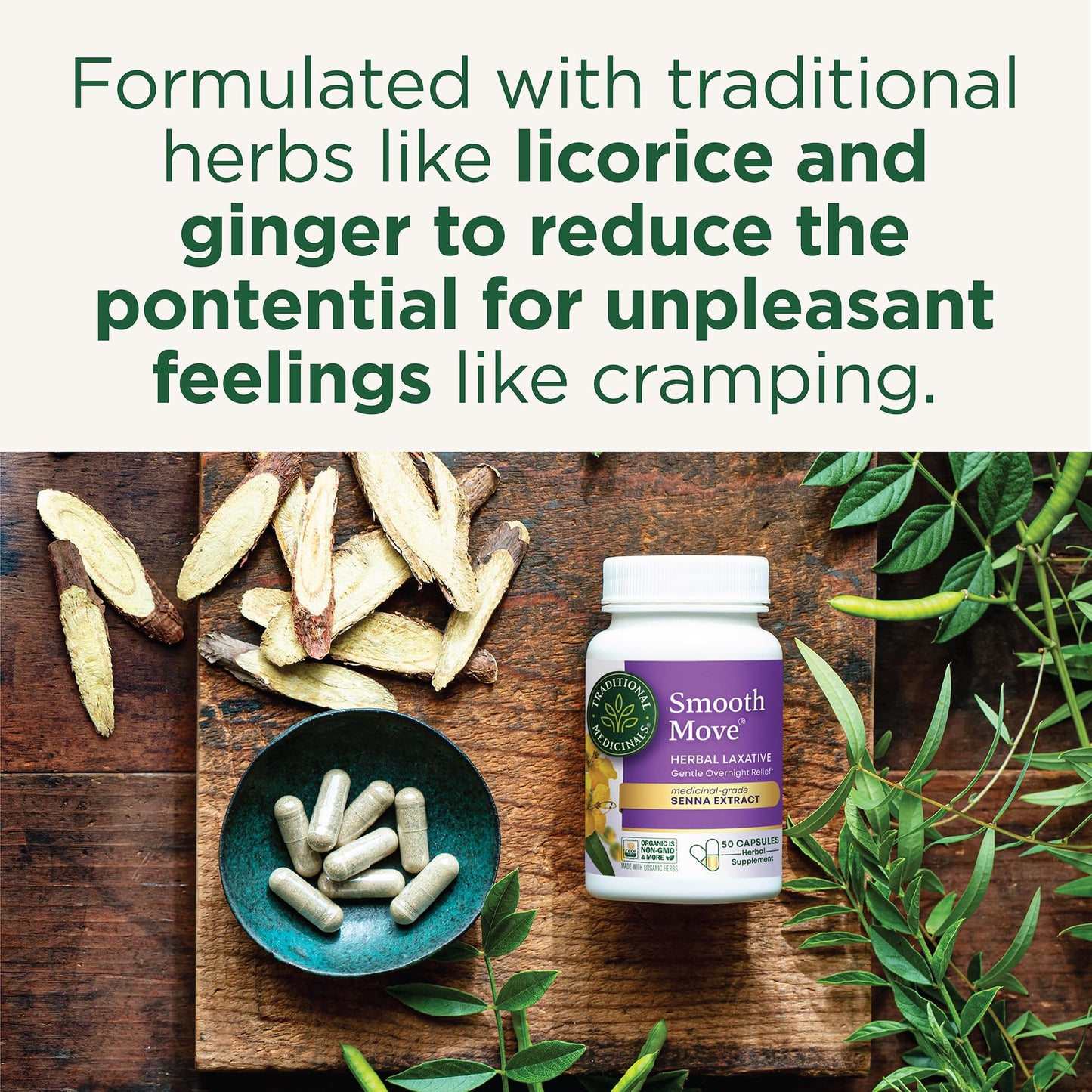 Traditional Medicinals Smooth Move 50 capsules bottle label details.