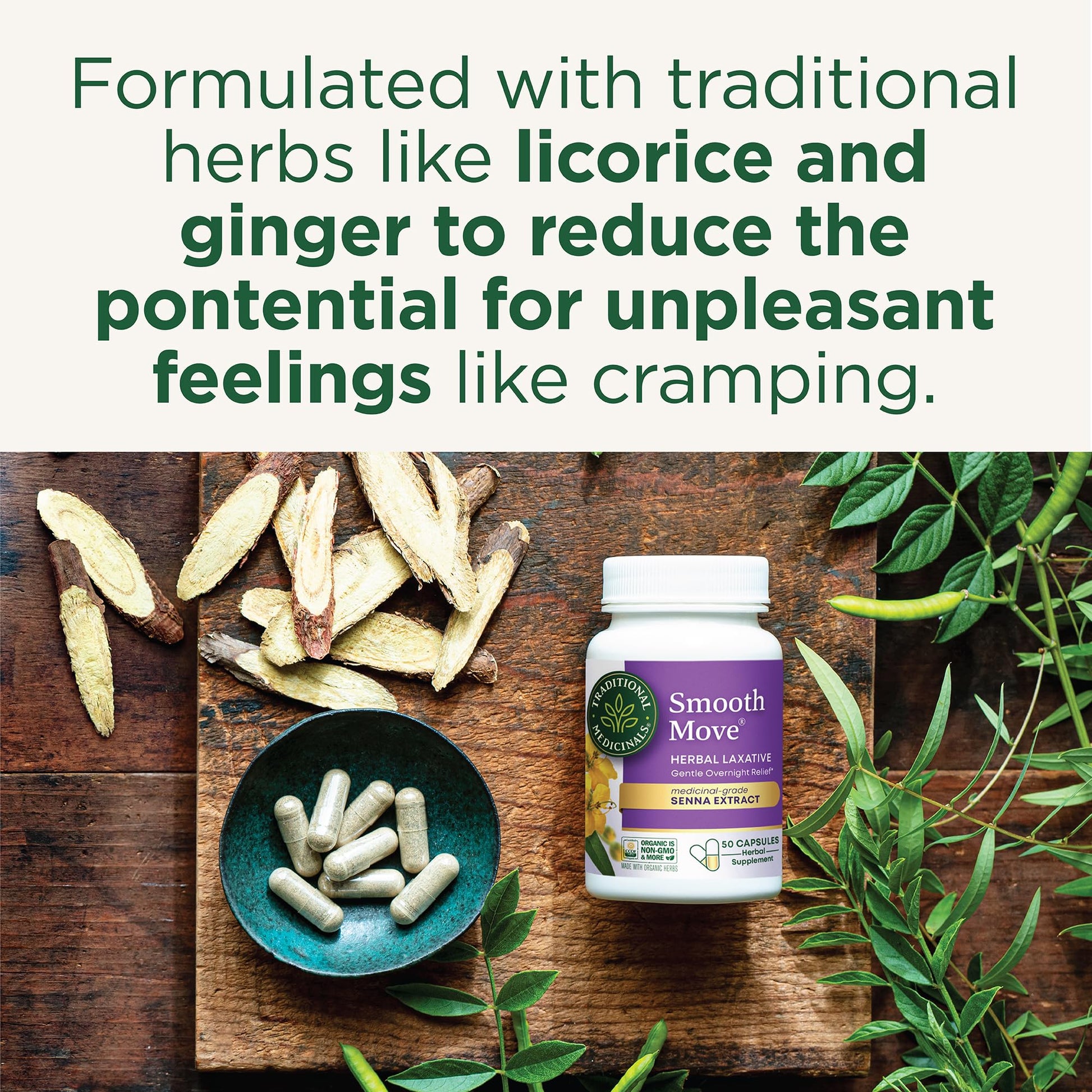 Traditional Medicinals Smooth Move 50 capsules bottle label details.