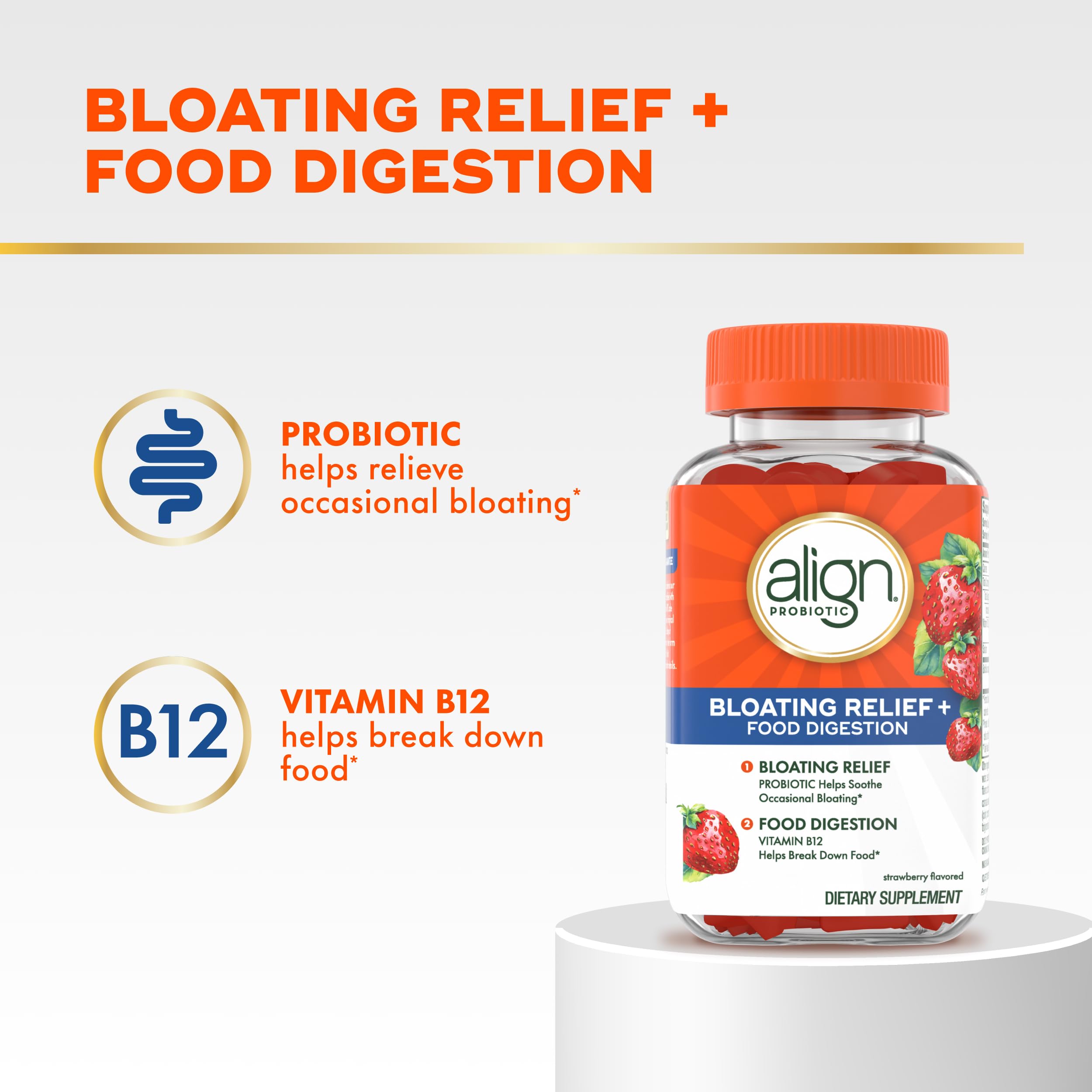 Align gut health supplement bottle highlighting the added Vitamin B12 for metabolism support.