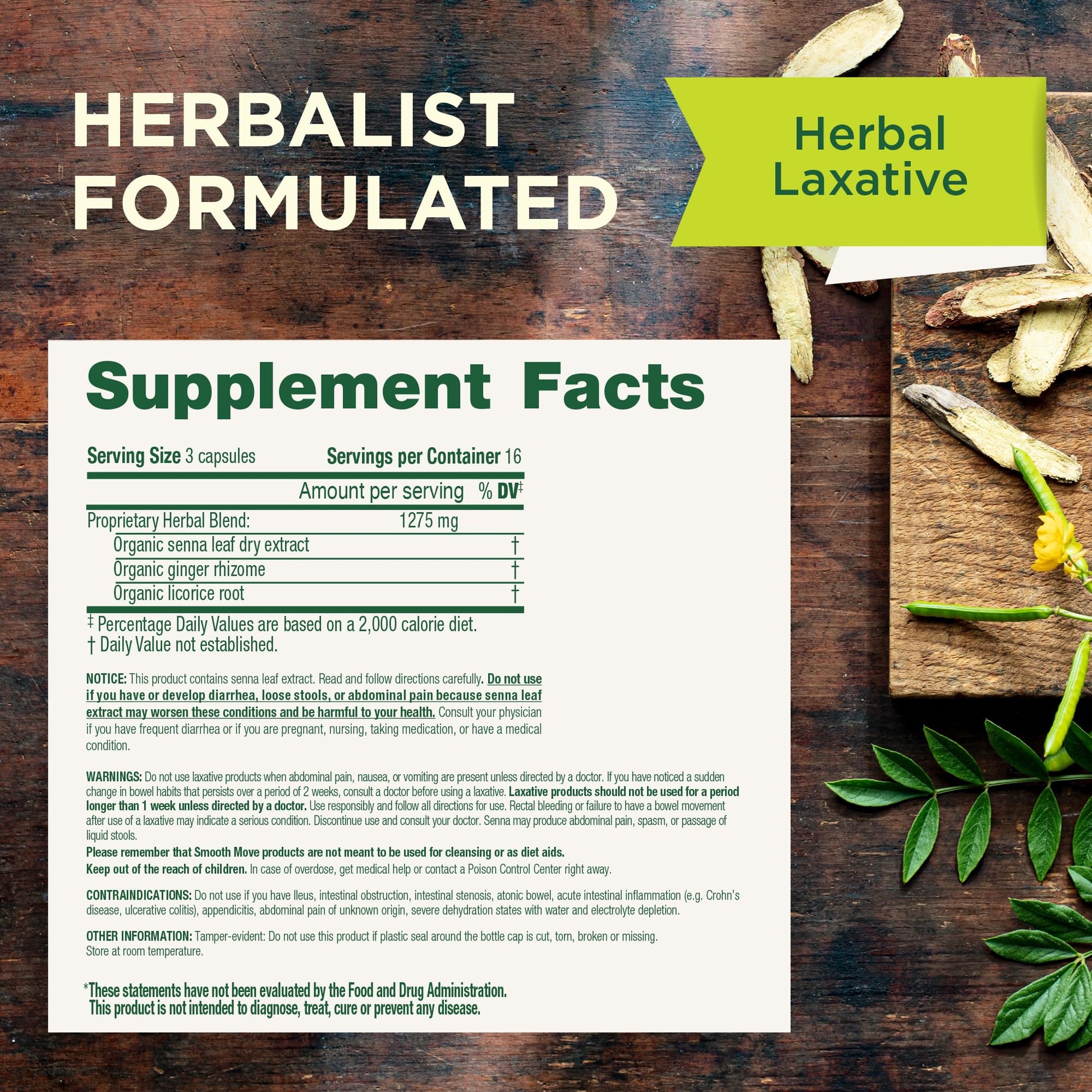Close up of Traditional Medicinals constipation relief capsules health supplement.