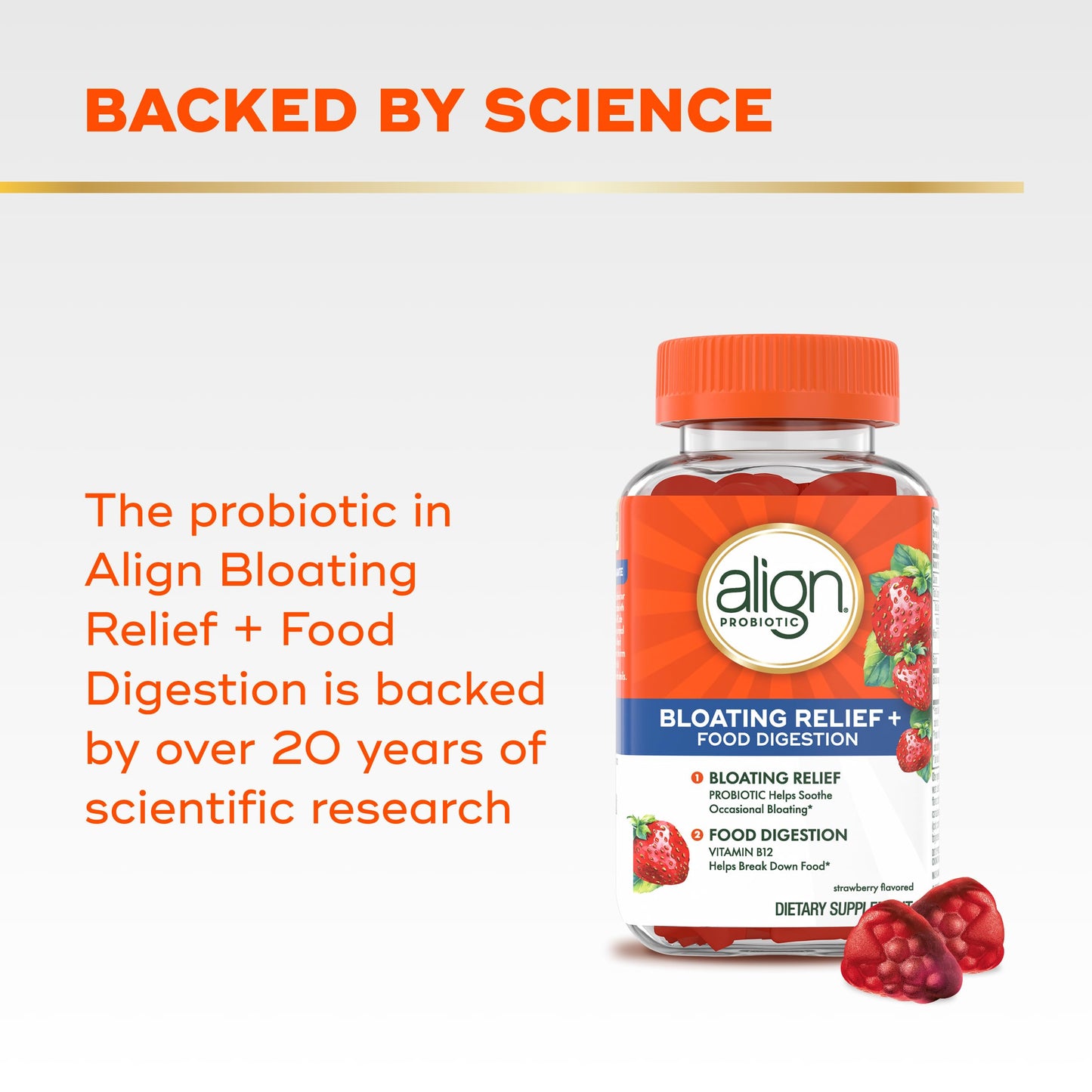 Close up of the strawberry flavored probiotic gummies for bloating and digestive relief.