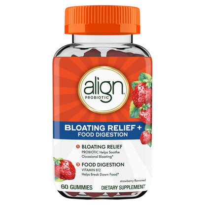 Full lifestyle display of the Align 60 gummies container next to fresh strawberry visual elements.