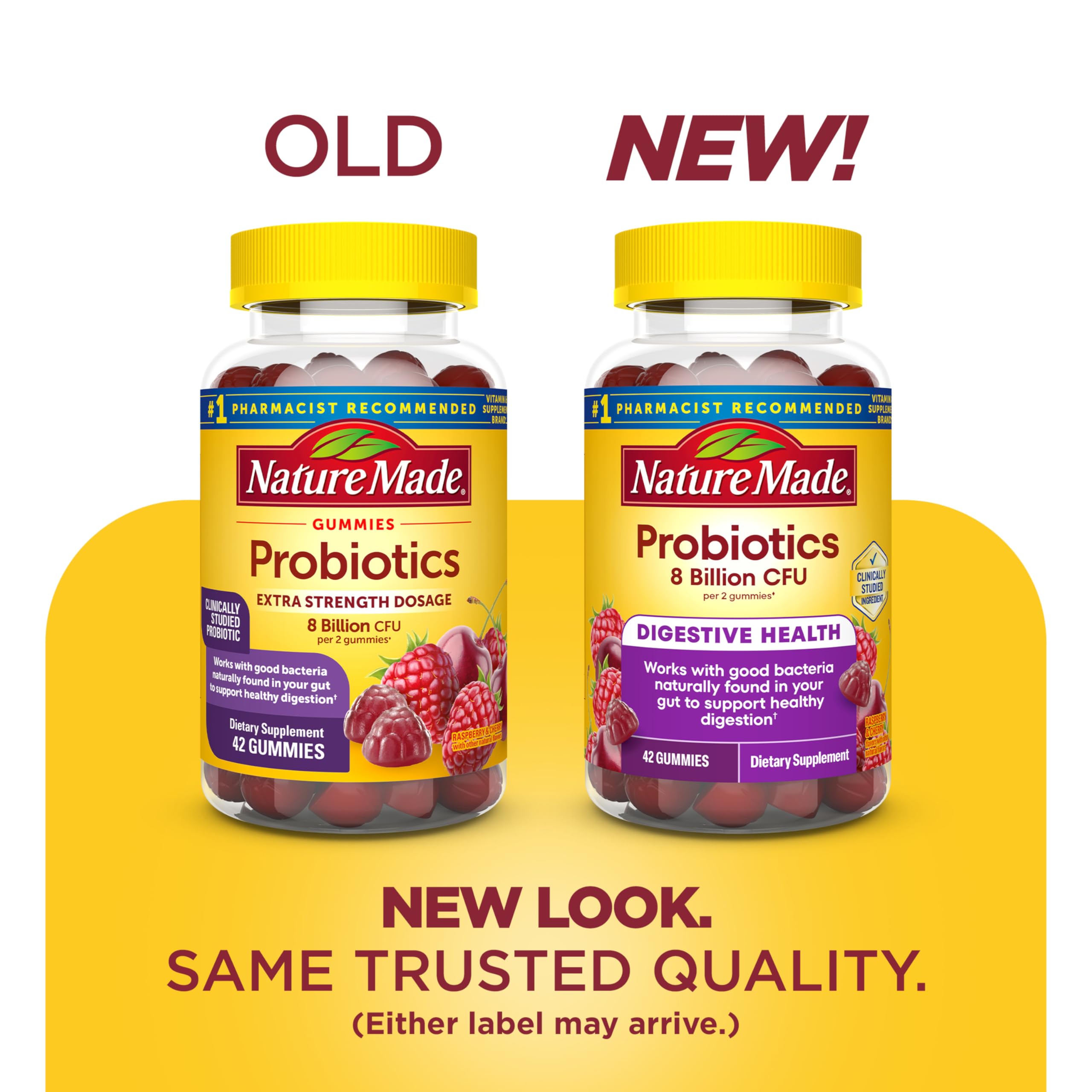 Nature Made eight billion colony forming units supplement showing raspberry and cherry flavor icons.