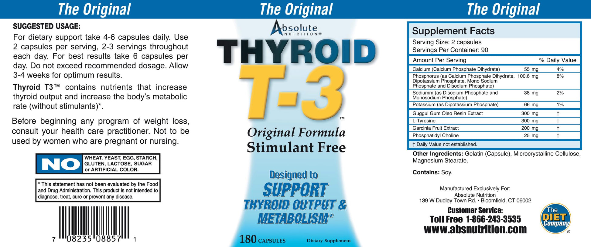 Full packaging view of Absolute Nutrition T3 metabolic support capsules displaying the authentic manufacturer details