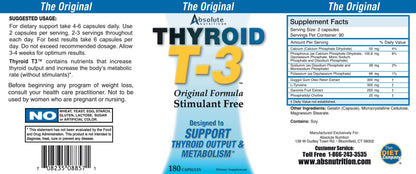 Full packaging view of Absolute Nutrition T3 metabolic support capsules displaying the authentic manufacturer details
