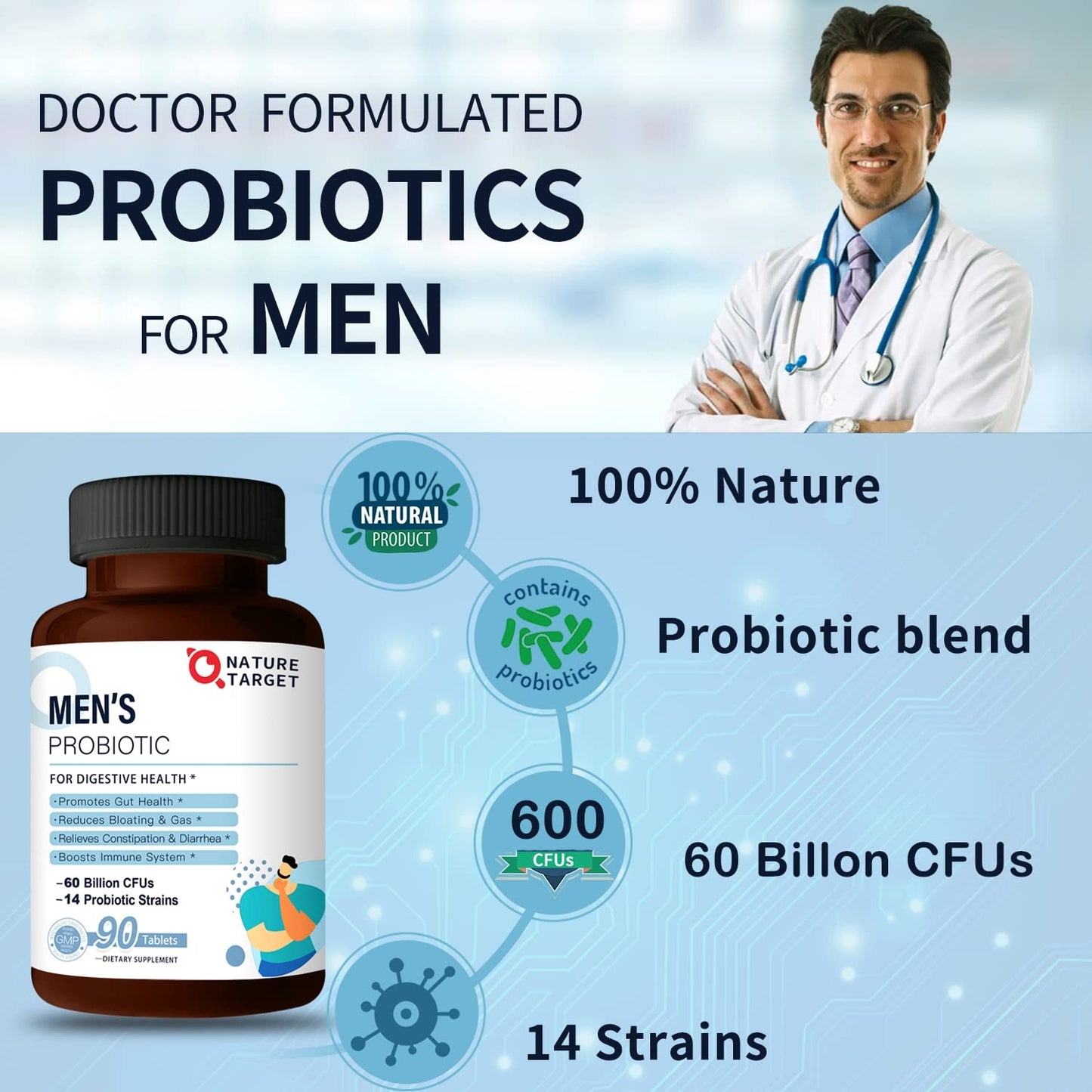 Soy free premium mens probiotic tablets for bloating and gas relief