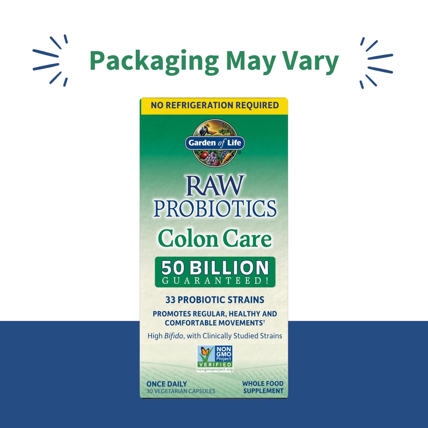 Side view of Garden of Life colon care 50 billion CFU supplement bottle showing supplement facts