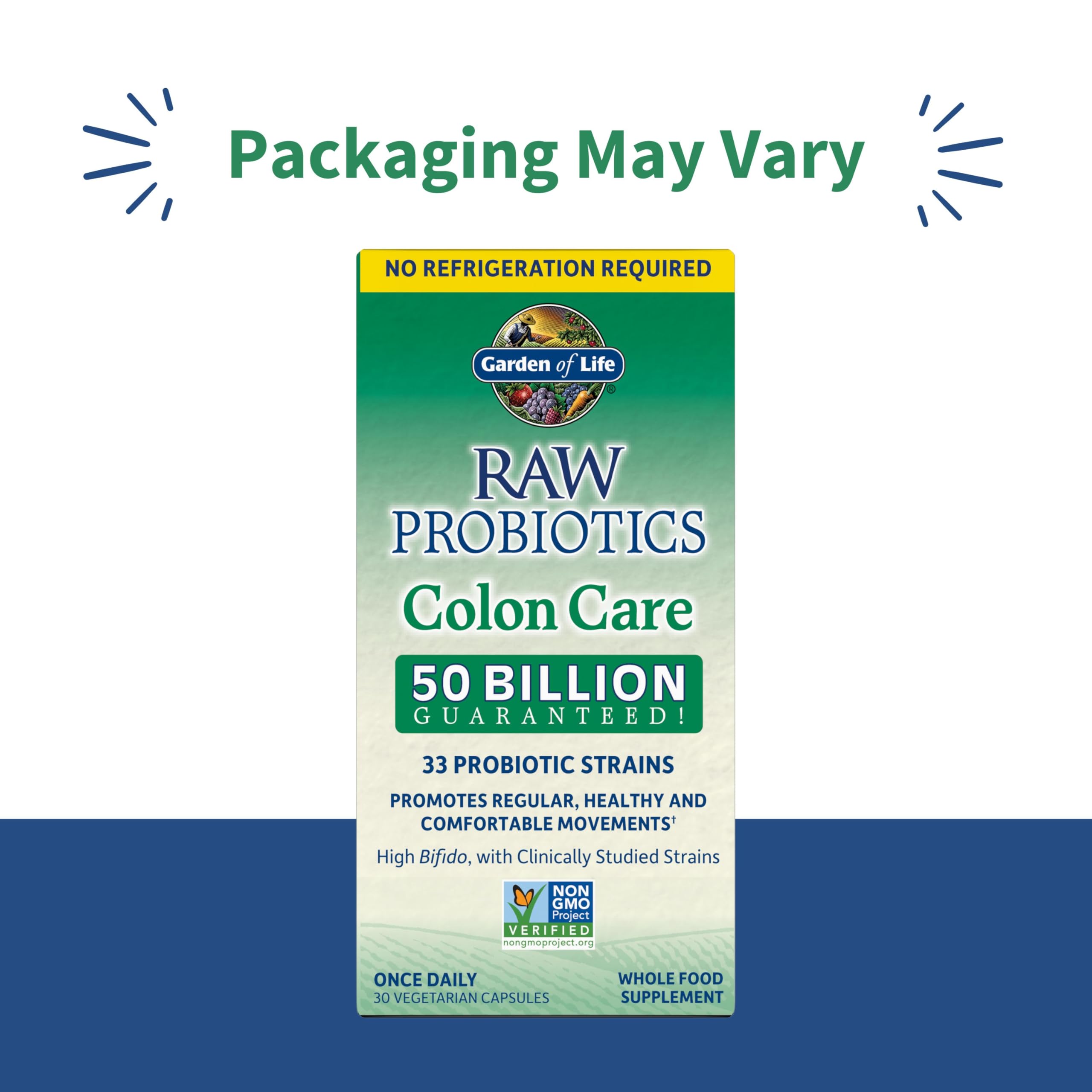 Side view of Garden of Life colon care 50 billion CFU supplement bottle showing supplement facts
