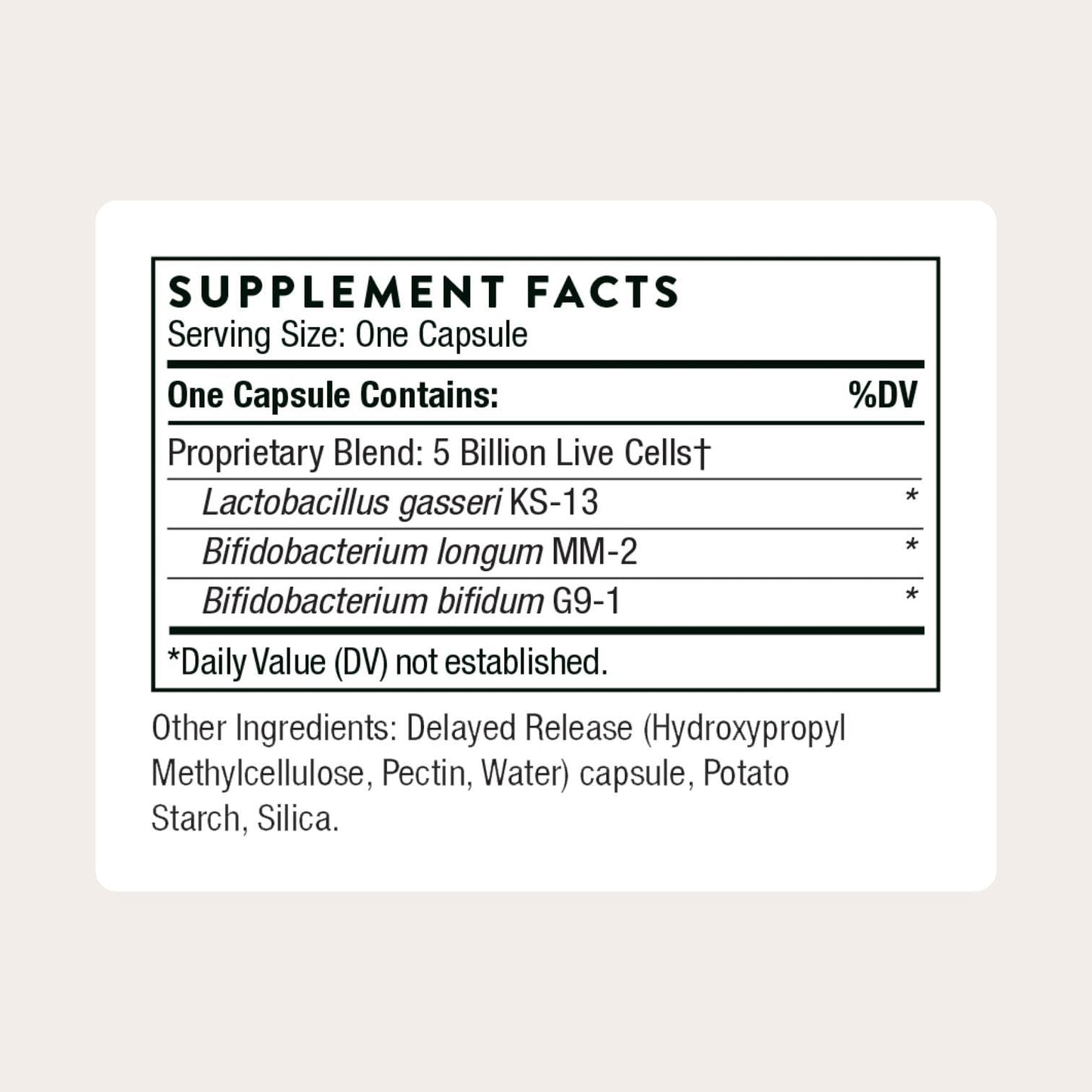 Thorne FloraMend Prime Probiotic side view displaying clear supplement facts and ingredient list.