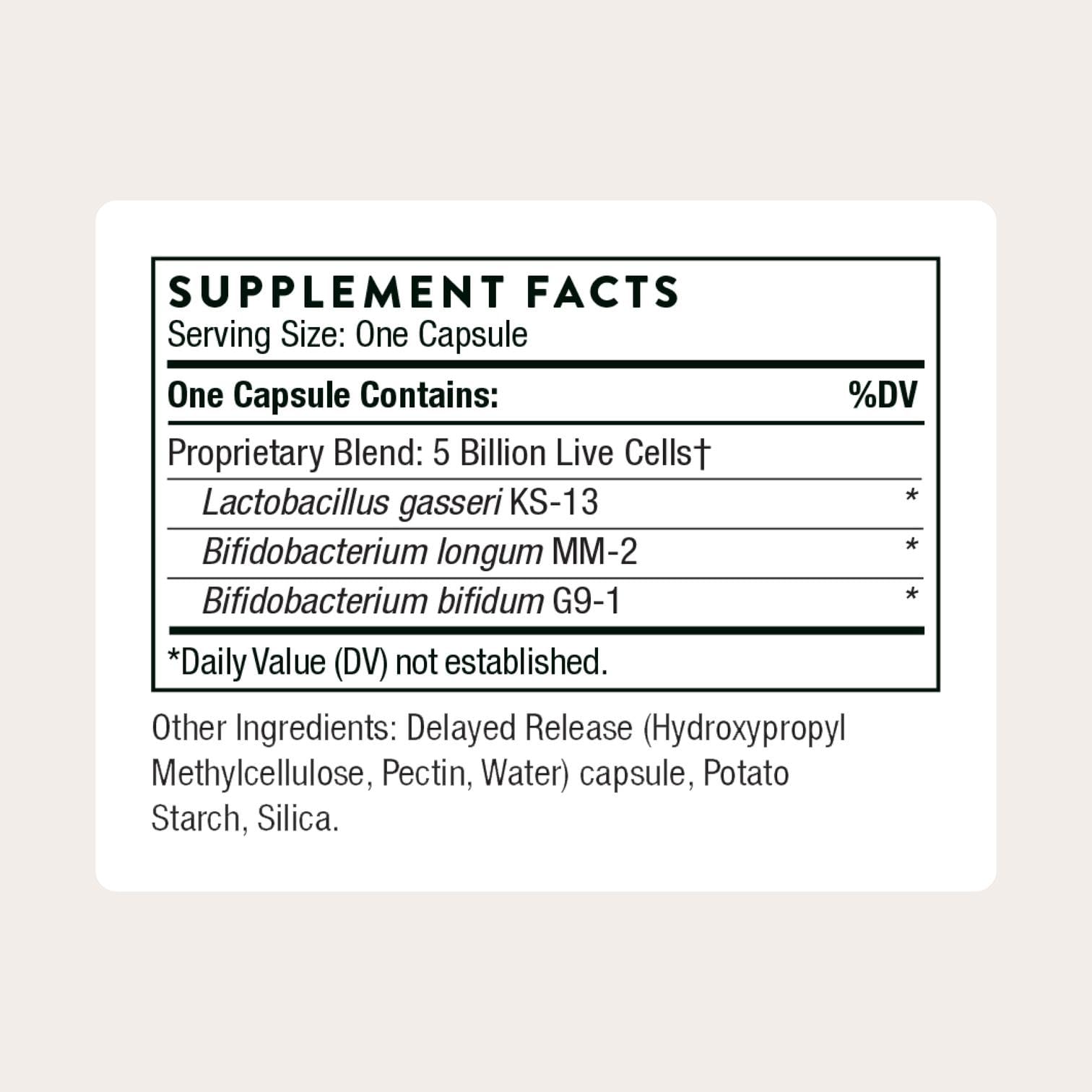 Thorne FloraMend Prime Probiotic side view displaying clear supplement facts and ingredient list.