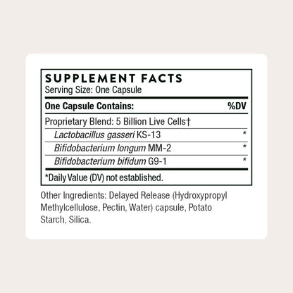 Thorne FloraMend Prime Probiotic side view displaying clear supplement facts and ingredient list.