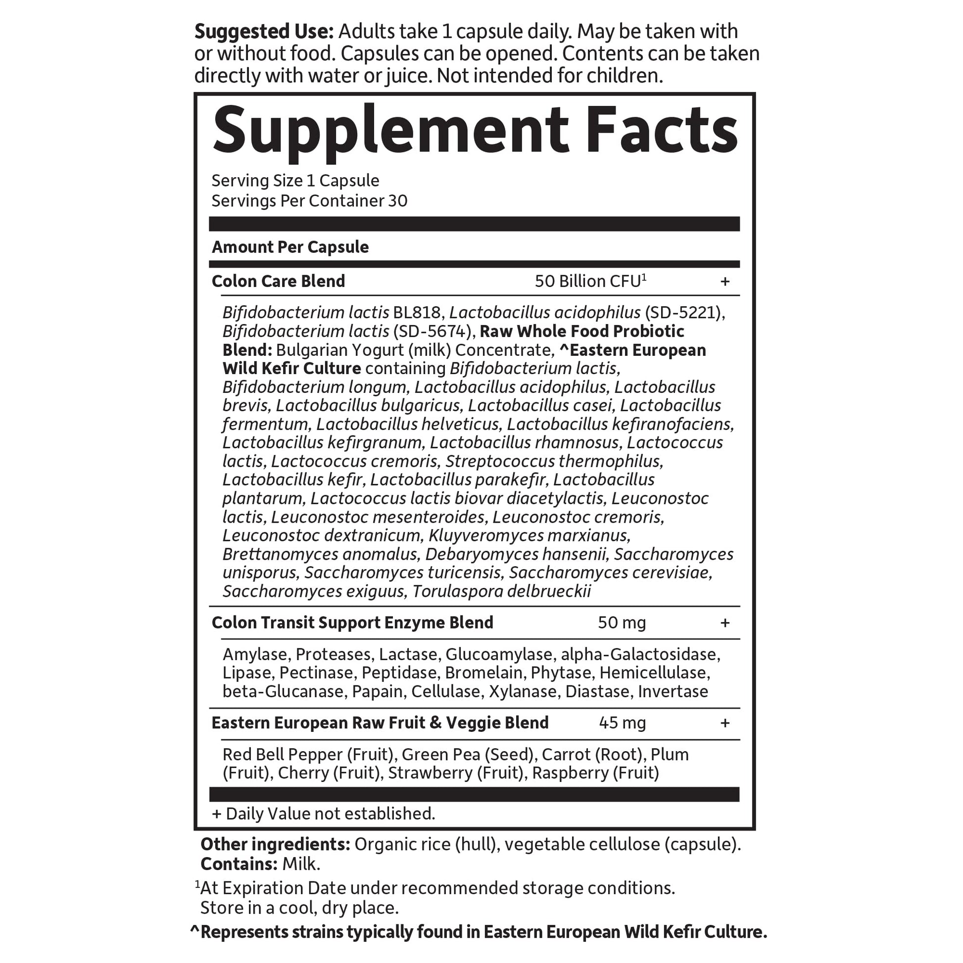 Back label of Garden of Life colon care probiotics featuring 33 diverse strains