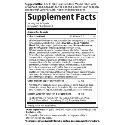 Back label of Garden of Life colon care probiotics featuring 33 diverse strains
