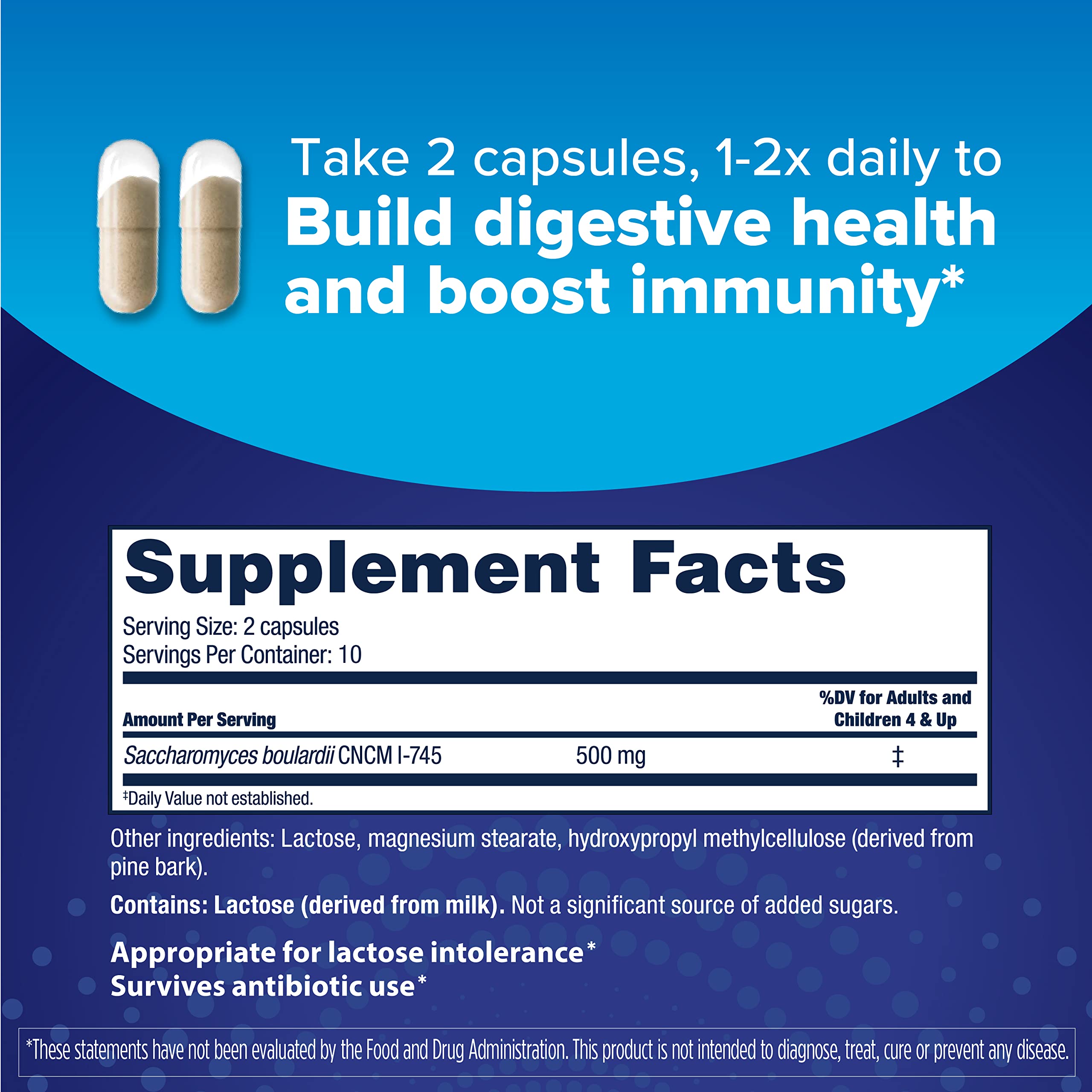 Side view of Florastor daily probiotic supplement box highlighting the unique strain formula details.