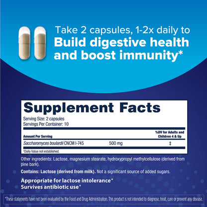 Side view of Florastor daily probiotic supplement box highlighting the unique strain formula details.