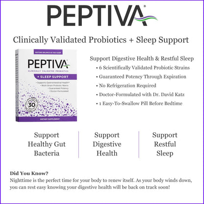 Peptiva nighttime multi-strain probiotic supplement side panel showing supplement facts and colony forming units