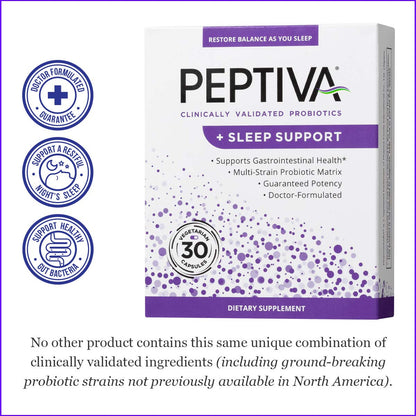 Peptiva probiotic and sleep support capsules displaying the doctor-formulated digestive health solution