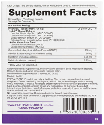 Authentic Peptiva USA imported probiotic and sleep supplement packaging illustrating its dual-action benefits