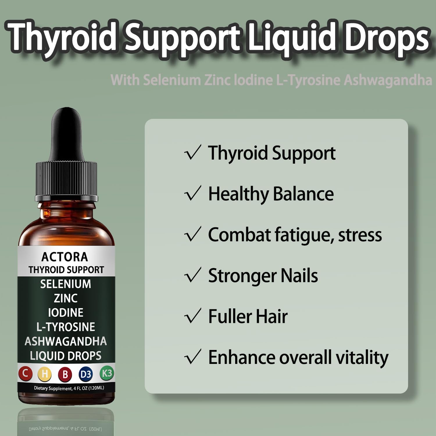 Actora Thyroid Support Liquid Drops showing ingredient list including selenium and zinc.