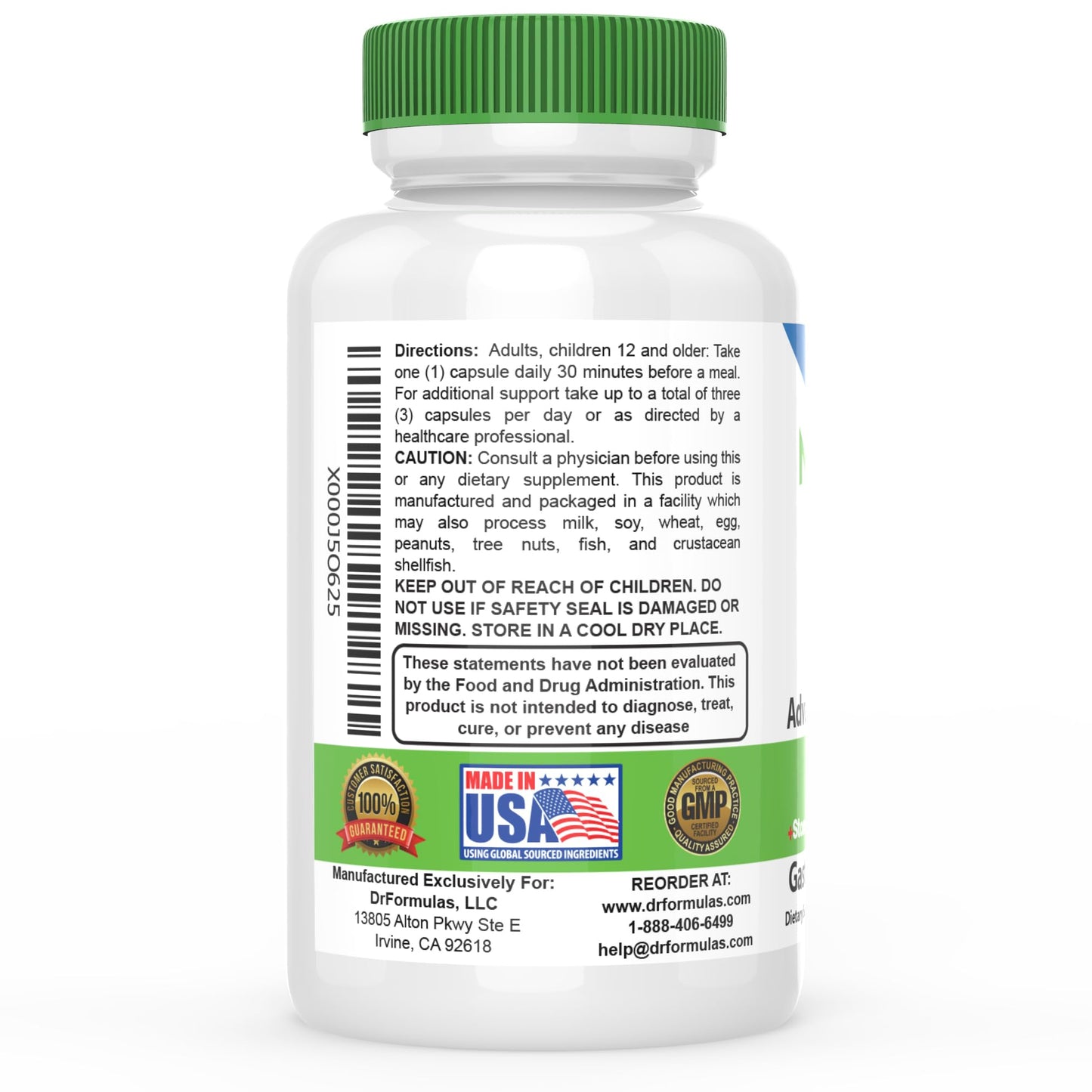Side profile of DrFormulas Nexabiotic Advanced capsules bottle showcasing imported quality sealing