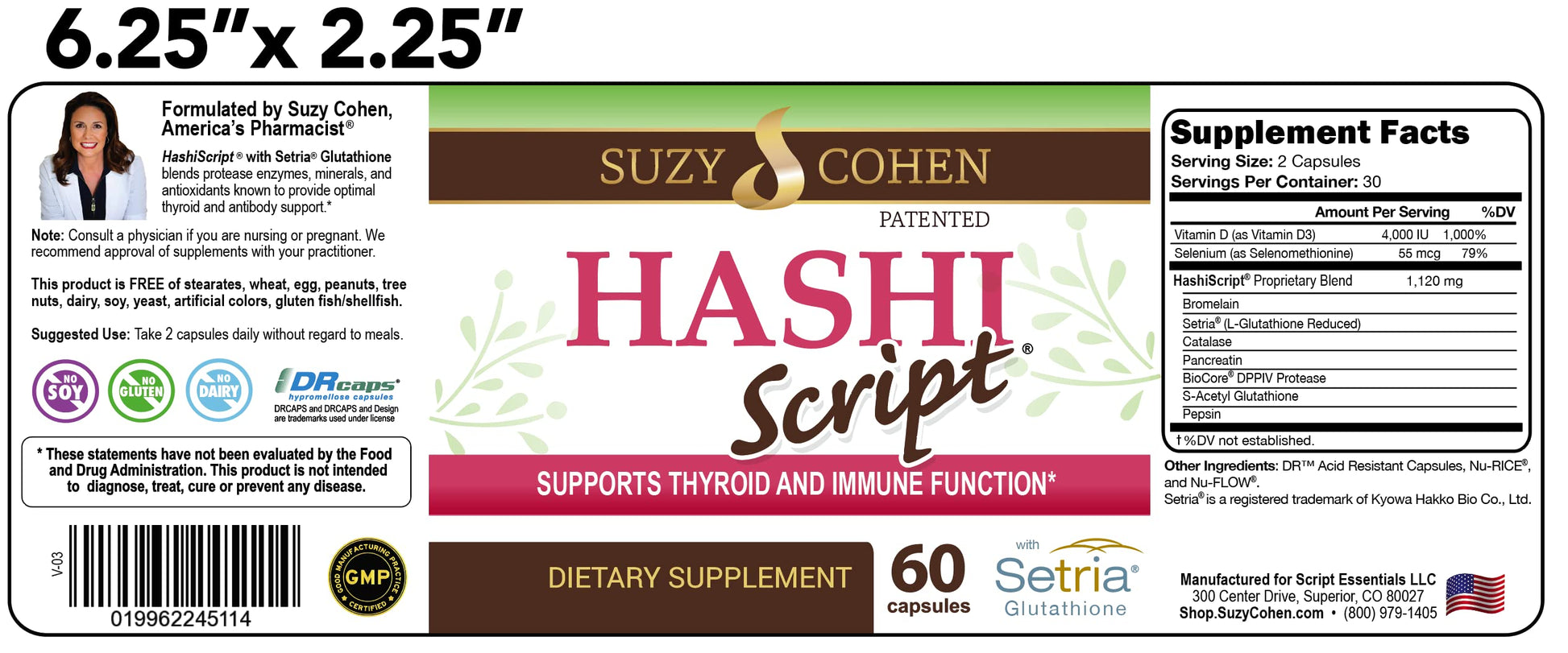 Script Essentials HashiScript capsule bottle detailing the allergen friendly benefits and usage directions