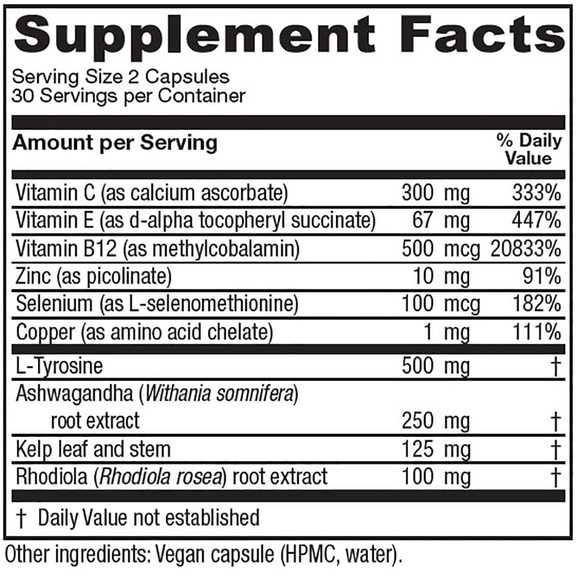 Vitanica ThyroFem vegan thyroid supplement nutritional facts label side view