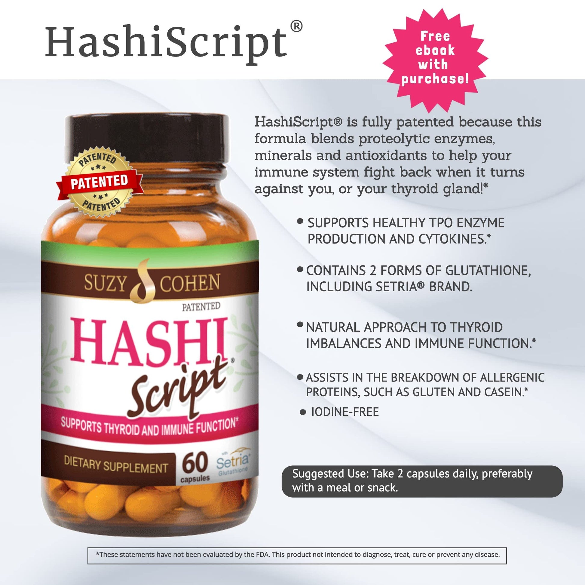 Close up view of HashiScript by Suzy Cohen showing the patented formula seal for immune health